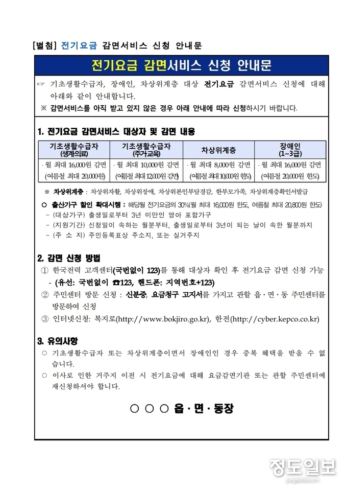 김포시, 복지대상자 요금감면 사각지대 발굴 지원